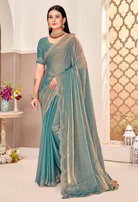dusty rama silk saree with zarkan border work 1