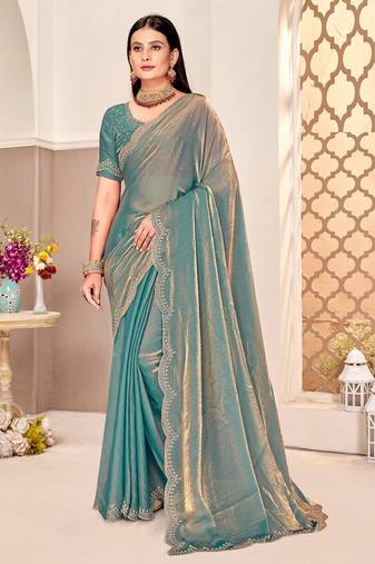 traditional indian dusty rama handwork zarkan border silk blend saree