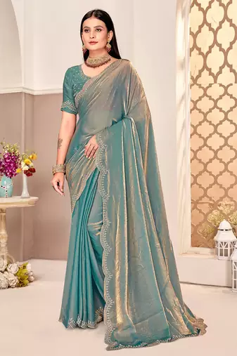 traditional indian dusty rama handwork zarkan border silk blend saree