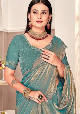 dusty rama silk saree with zarkan border work 2