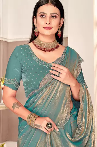 dusty rama silk saree with zarkan border work