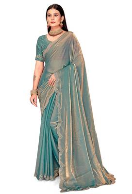 dusty rama silk saree with zarkan border work 4