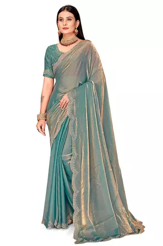 dusty rama silk saree with zarkan border work