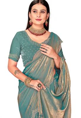 dusty rama silk saree with zarkan border work 5