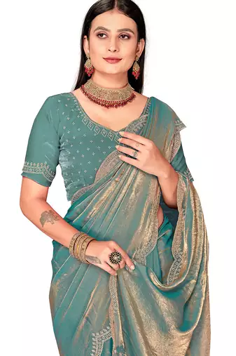 dusty rama silk saree with zarkan border work