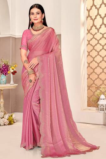 traditional indian dusty pink handwork zarkan border silk blend saree