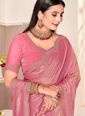 pink silk saree with zarkan border work 2