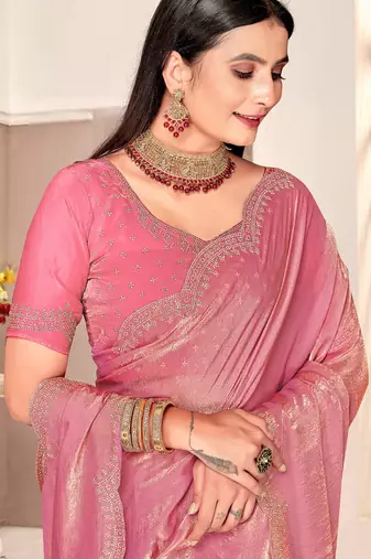 pink silk saree with zarkan border work