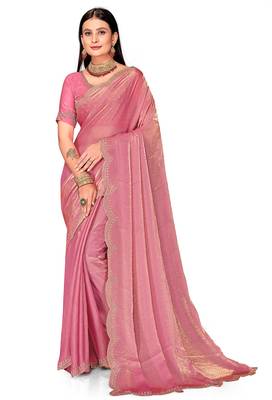 pink silk saree with zarkan border work 4