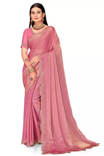 pink silk saree with zarkan border work