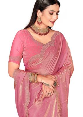 pink silk saree with zarkan border work 5