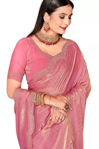 pink silk saree with zarkan border work