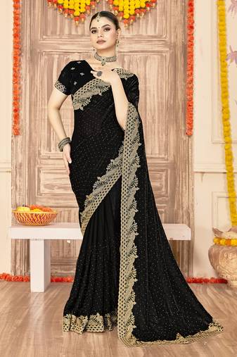 designer black zari siroski embroidery work silk blend saree