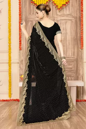 black silk saree with zari sirovski embroidery