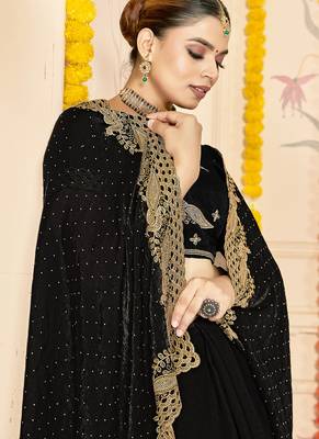 black silk saree with zari sirovski embroidery 3