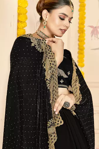 black silk saree with zari sirovski embroidery