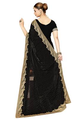 black silk saree with zari sirovski embroidery 4