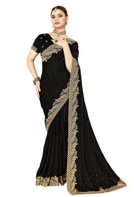 black silk saree with zari sirovski embroidery 5