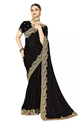 black silk saree with zari sirovski embroidery