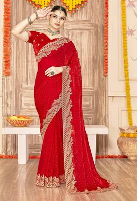 red silk saree with zari sirovski embroidery 1