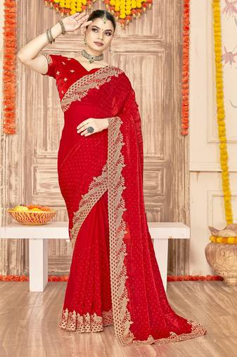 designer red zari siroski embroidery work silk blend saree
