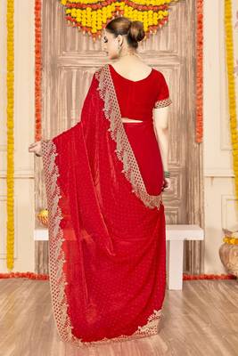 red silk saree with zari sirovski embroidery 2