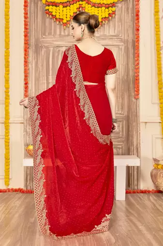 red silk saree with zari sirovski embroidery