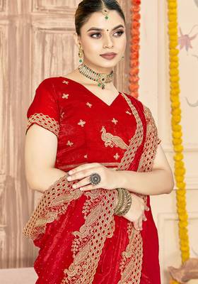 red silk saree with zari sirovski embroidery 3