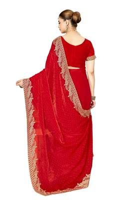 red silk saree with zari sirovski embroidery 4