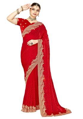 red silk saree with zari sirovski embroidery 5