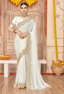 white silk saree with zari sirovski embroidery 1
