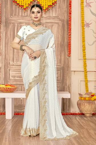designer white zari siroski embroidery work silk blend saree