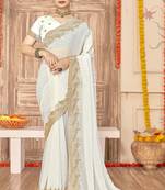 designer white zari siroski embroidery work silk blend saree