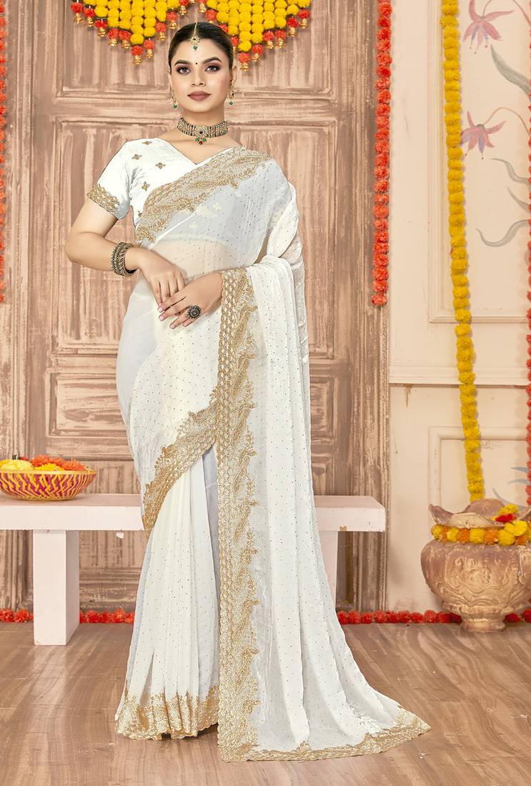 designer white zari siroski embroidery work silk blend saree