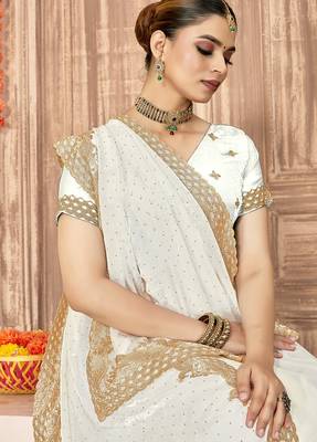 white silk saree with zari sirovski embroidery 3