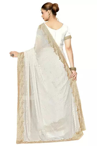 white silk saree with zari sirovski embroidery