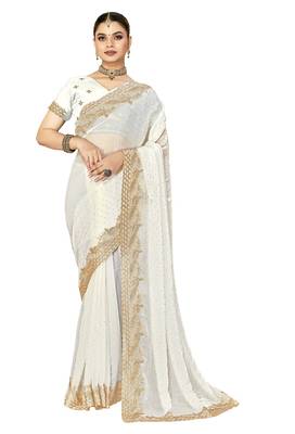 white silk saree with zari sirovski embroidery 5