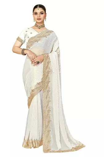 white silk saree with zari sirovski embroidery