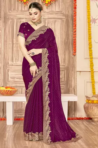 designer wine zari siroski embroidery work silk blend saree