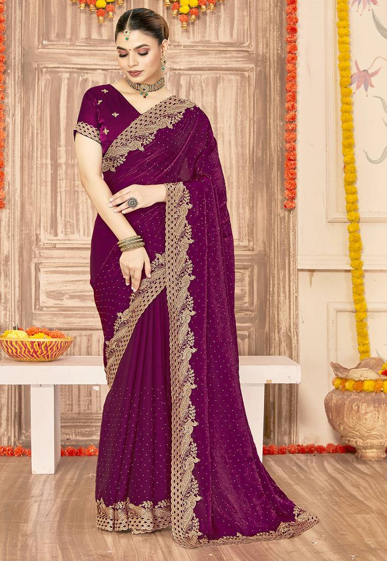 designer wine zari siroski embroidery work silk blend saree