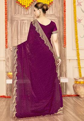 wine silk saree with zari sirovski embroidery 2