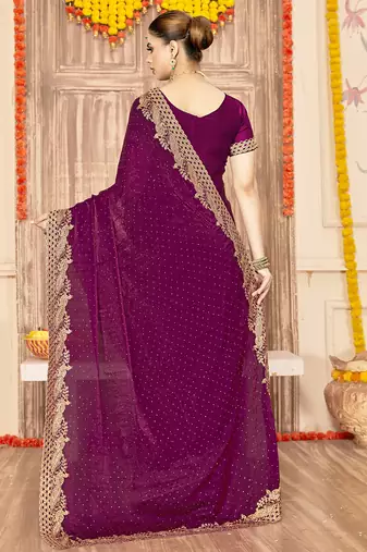 wine silk saree with zari sirovski embroidery