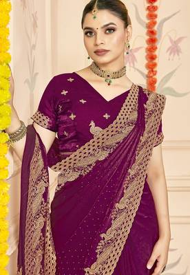 wine silk saree with zari sirovski embroidery 3