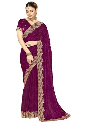 wine silk saree with zari sirovski embroidery 5