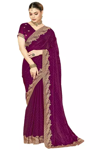 wine silk saree with zari sirovski embroidery