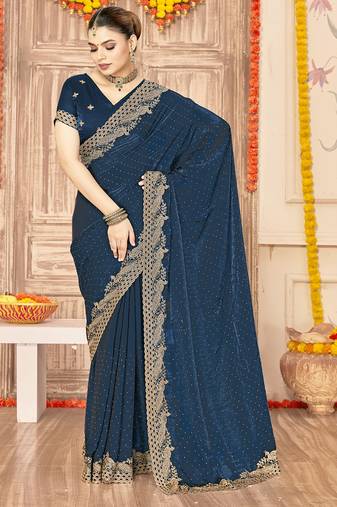 designer teal blue zari siroski embroidery work silk blend saree