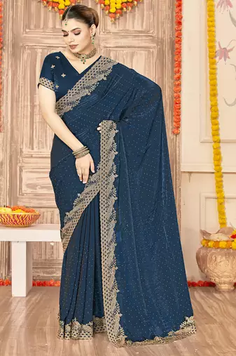 designer teal blue zari siroski embroidery work silk blend saree