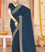 designer teal blue zari siroski embroidery work silk blend saree