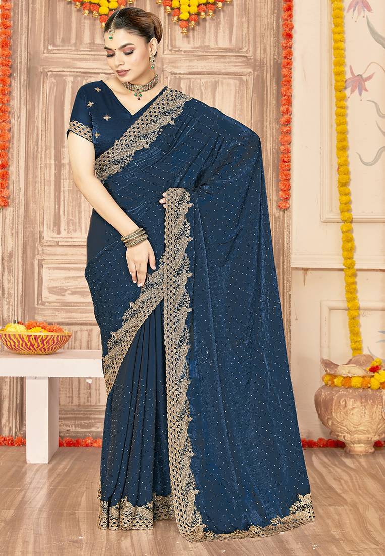 designer teal blue zari siroski embroidery work silk blend saree