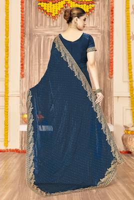 teal blue silk saree with zari sirovski embroidery 2